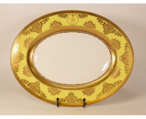 Large De Lamerie Fine Bone China heavily gilded Special Commission Exotic Garden patterned Oval Platter with Saudi Motif, spe