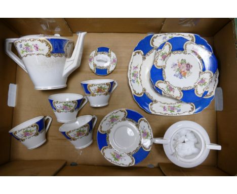 Gold Castle China Japan Blue Part Teaset to include Teapot, Four Teacups, Six Saucers, Five Side Plates, Milk Jug (missing li