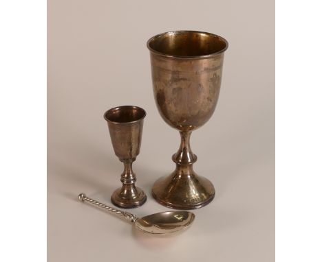 Hallmarked silver items including; goblet, Jewish shot cup &amp; large heavy caddy spoon, gross weight 151g.