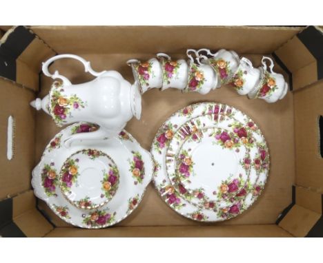 Royal Albert Old Country Roses Coffee Ware to include Coffee Pot, Sandwich Plate, Six Coffee Cups and Five Saucers, Four sect