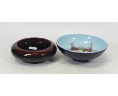 Moorcroft, Columbine Pattern Circular Dish and Shallow Brown Circular Bowl. Both with moorcroft Museum item stickers to bases