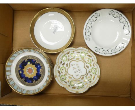 Four Royal Worcester Millennium pin dishes together with Royal Crown Derby Green panel pin dish, Staffordshire Knot ash tray 