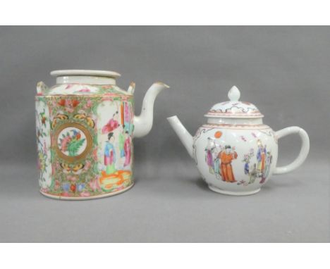 Canton famille rose decorated teapot of cylindrical form, together with a famille rose export teapot of spherical form with a