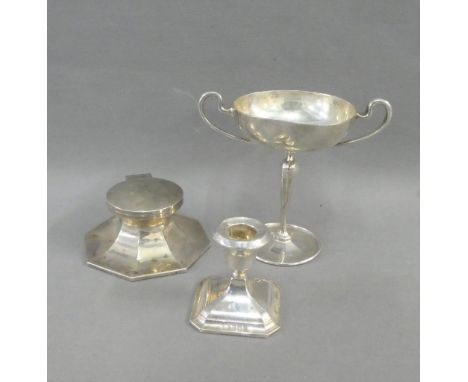 Mixed lot to include an octagonal silver inkwell, Birmingham  1928,  silver dwarf candlestick and a Sheffield silver twin han