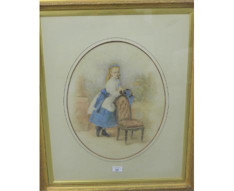 English School Oval portrait of a Girl in a Blue and White Dress Watercolour Apparently unsigned, in a glazed gilt wood frame