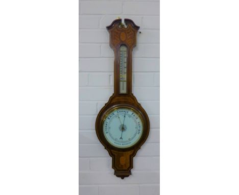 Mahogany and inlaid Aneroid wall barometer, 84 x 30 cm 