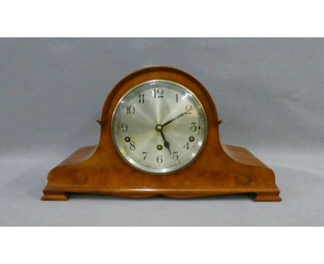 Early 20th century Garrard Clocks Ltd mahogany and burr walnut cased mantle clock with silvered dial and Arabic numerals, 42 