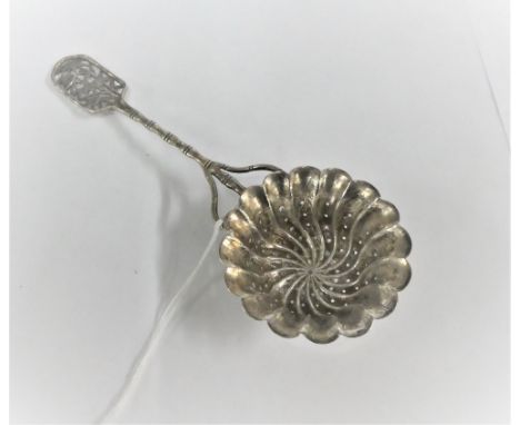 Chinese silver strainer with  lobed bowl, bamboo handle and pierced terminal, makers mark TC, 16.5cm long 