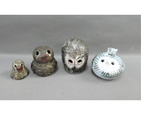 Group of three Briglin studio pottery money banks of an Owl and two Birds, together with a small figure of a bird, (4) 