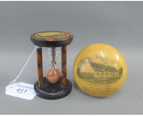 Burns Cottage Mauchline darning mushroom and a Tartanware egg timer, (2)