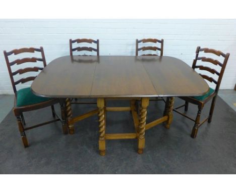 Set of four oak ladder back chairs with green slip in seats, together with an oak gateleg table, 88 x 46 cm, (5)