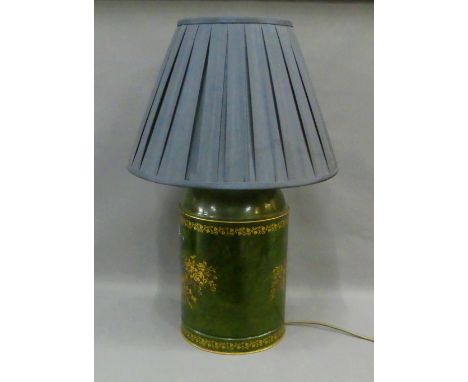 Green painted toile ware style table lamp base, complete with shade, size excluding fitting is approx 38 cm 