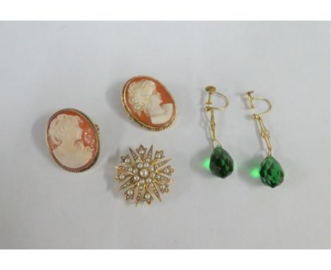 Seed pearl star burst brooch, stamped 15ct together with two 9 carat gold framed cameo brooches and a pair of 9 carat gold dr
