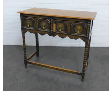 Oak Jacobean style hall table with two small drawers, bobbin legs and stretcher  82 x 92 cm 