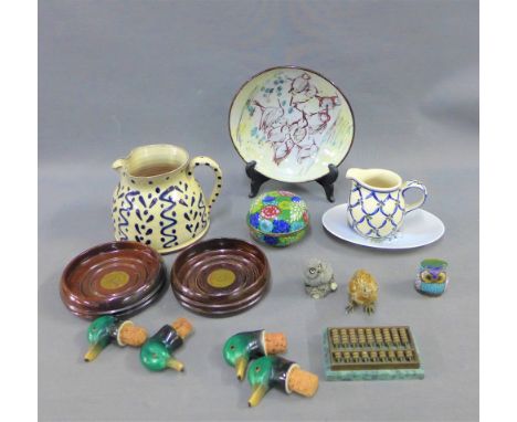 Mixed lot to include studio pottery jugs, a bowl, a duck, ceramic stoppers, cloisonne jar and cover and a Royal Copenhagen pi