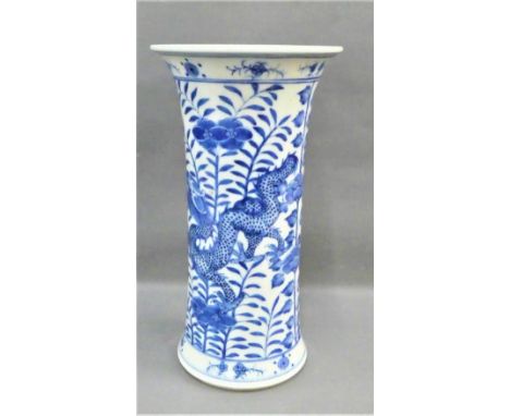 Chinese blue and white vase with flared rim and Dragon pattern, with four character Kangxi mark to the base, but likely later