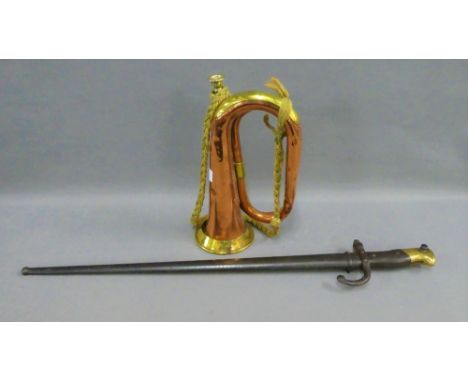 A bayonet together with a Besson &amp; Co copper and brass Bugle, (2) 