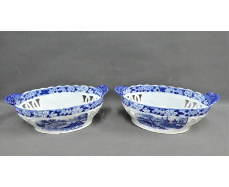 Pair of Don pottery blue and white pearl ware reticulated baskets with 'Ruins of the Castle of Canna' pattern, 27 cm wide,(2)