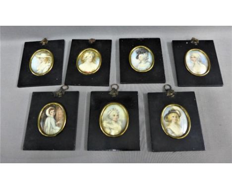 Collection of seven portrait miniatures in ebonised frames, 7.5 x 6 cm, (7) 