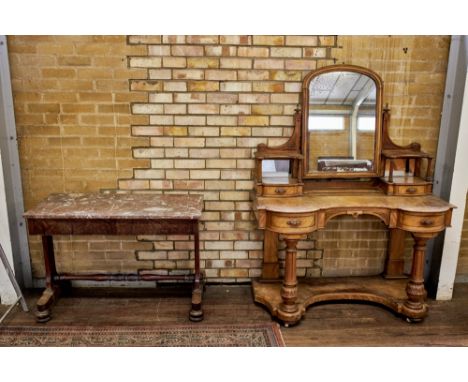A VICTORIAN MAHOGANY AND SATIN BIRCH VENEERED DUCHESS DRESSING TABLE, arched centre mirror, two trinket drawers, two frieze d