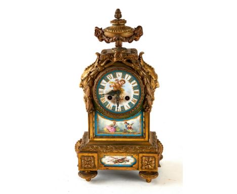 JAPY FRERES, PARIS, A LATE 19TH CENTURY FRENCH ORMOLU AND SEVRES STYLE PORCELAIN PANEL MANTEL CLOCK, porcelain dial with twin