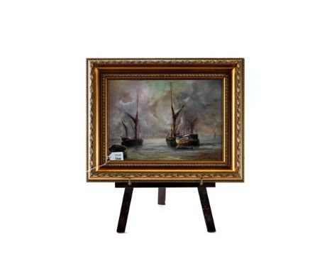 K DUFF GODFREY, 20th CENTURY, OIL ON ARTIST'S BOARD, entitled "Moored on the Orwell", signed, 9 1/2" x 13 1/2" framed. £40-£6