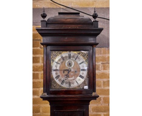 AN EARLY 20th CENTURY OAK 8 DAY LONGCASE CLOCK, the square brass and silvered dial with subsidiary seconds and strike/silent 