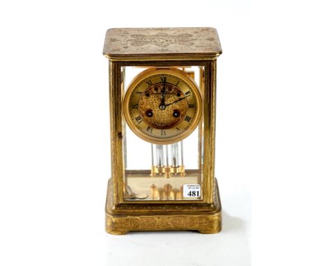 JAPY FRERES, PARIS, A LATE 19TH/EARLY 20TH CENTURY FOUR GLASS MANTEL CLOCK, twin train movement with gilt chapter ring and br