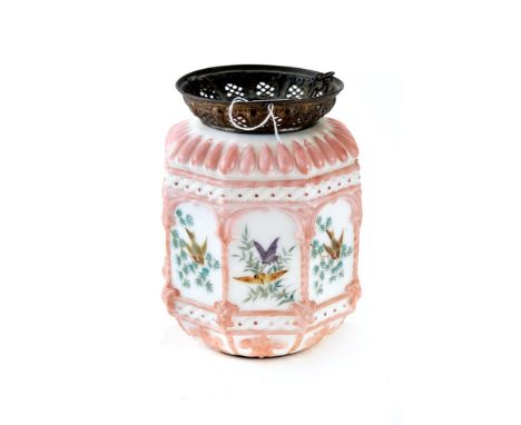 A LATE VICTORIAN/EDWARDIAN OCAGONAL GLASS HANGING LAMP SHADE with hand -painted panels of butterflies and birds, 9 1/2" high 