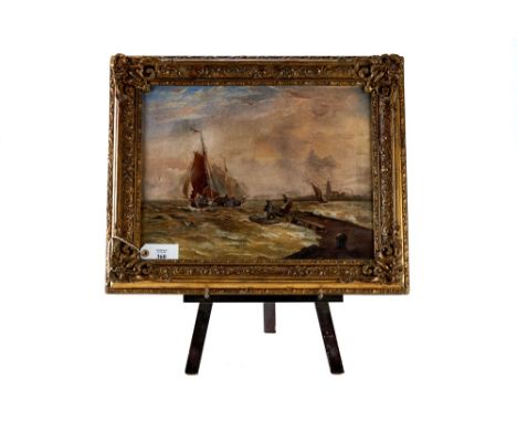 ATTRIBUTED TO THOMAS SEWELL ROBINS, 1814-1880, oil on canvas, Seascape with figures by a jetty, signed, 13 1/2" x 17 1/2", fr