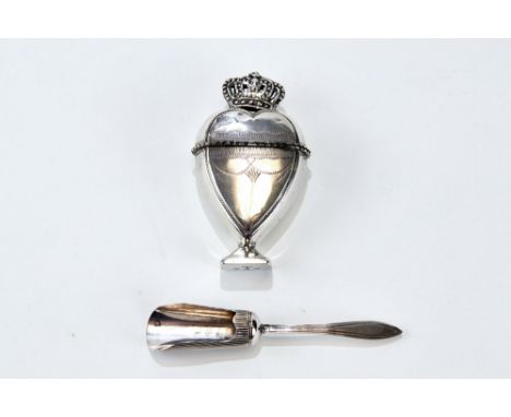 AN 18TH CENTURY DUTCH WHITE METAL CACHOU BOX of typical heart shape surmounted by a crown, stamped marks to base and an 18th 
