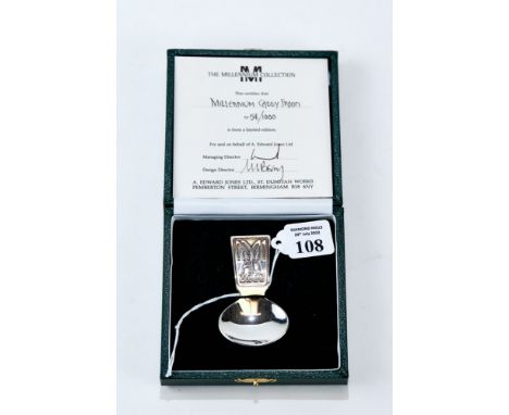A MILLENNIUM 2000 SILVER CADDY SPOON, limited edition 54/1000, maker: A. Edward Jones Ltd, Birmingham 2000, with certificate 