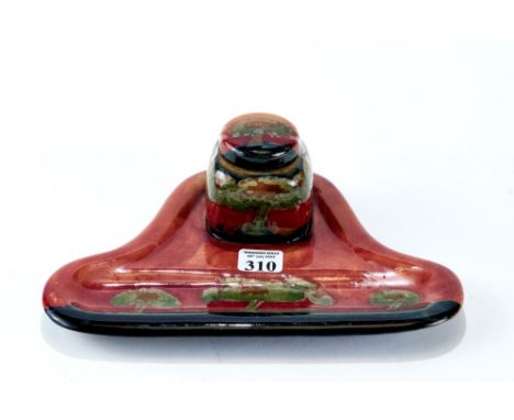 A MOORCROFT POTTERY EVENTIDE PATTERN INKWELL &amp; COMBINED PEN TRAY decorated wih green trees on a russet ground, impressed 