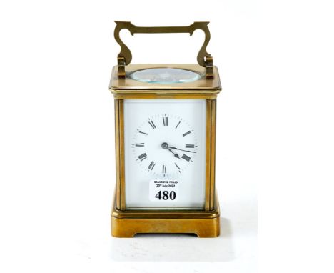 R &amp; CO, PARIS, A LATE 19th / EARLY 20th CENTURY BRASS TWIN-TRAIN CARRIAGE CLOCK, striking on a gong, white enamel dial, 5