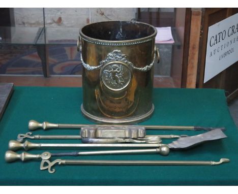 VINTAGE BRASS COAL BUCKET AND FIRESIDE TOOLS 