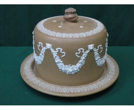 LARGE JASPERWARE STYLE RELIEF DECORATED CERAMIC CHEESE DISH WITH COVER 