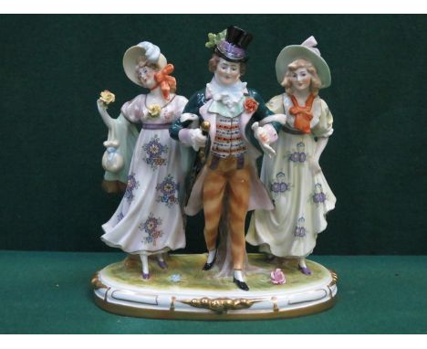 CONTINENTAL STYLE HANDPAINTED AND GILDED CERAMIC FIGURE GROUP, STAMPED TO BASE, APPROXIMATELY 20cm HIGH 