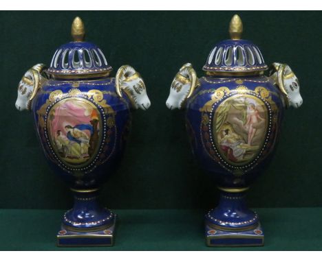 PAIR OF MEISSEN STYLE HEAVILY GILDED AND HAND DECORATED CERAMIC VASES WITH PIERCEWORK COVER, APPROXIMATELY 40cm HIGH         