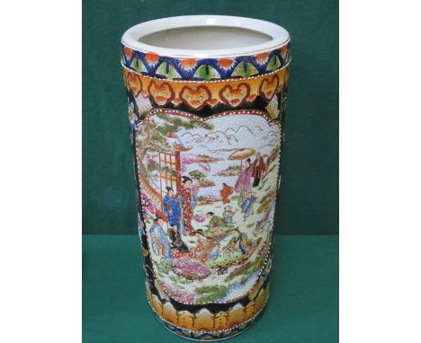 HANDPAINTED CERAMIC UMBRELLA STAND, DECORATED WITH ORIENTAL SCENES, APPROXIMATELY 45cm HIGH 