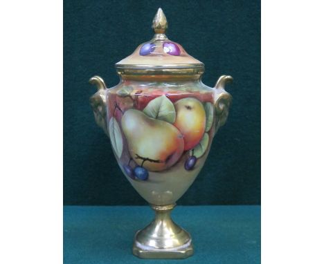 COALPORT GLAZED CERAMIC FRUIT DECORATED URN WITH COVER, SIGNED N. LEAR, APPROXIMATELY 18cm HIGH