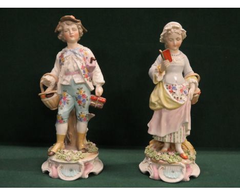 PAIR OF MEISSEN STYLE HANDPAINTED AND GILDED CERAMIC FIGURES, APPROXIMATELY 24cm HIGH 