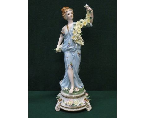 MEISSEN STYLE HANDPAINTED, GILDED AND RELIEF DECORATED CERAMIC FIGURINE, APPROXIMATELY 36cm HIGH 