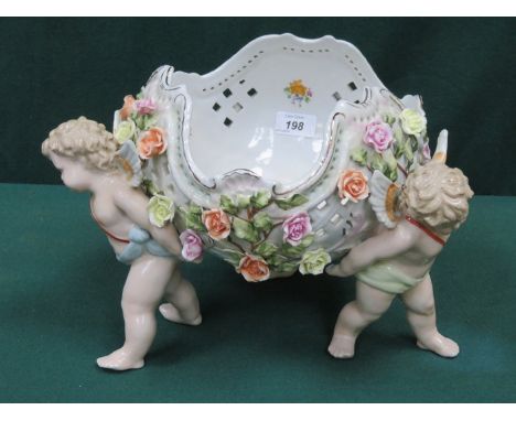 MEISSEN STYLE HANDPAINTED, GILDED AND RELIEF DECORATED CERAMIC POSY BOWL FEATURING THREE CHERUBS