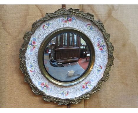 COPELAND SPODE GILT METAL AND CERAMIC FRAMED CIRCULAR WALL MIRROR WITH FLORAL DECORATION, DIAMETER APPROXIMATELY 47cm HIGH 