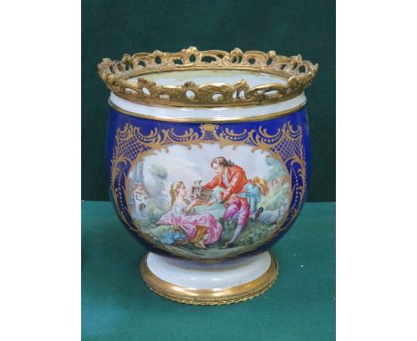 FRENCH STYLE ORMOLU MOUNTED & GILDED CERAMIC PLANTER WITH HANDPAINTED DECORATION SIGNED APPROXIMATELY 24cm HIGH
