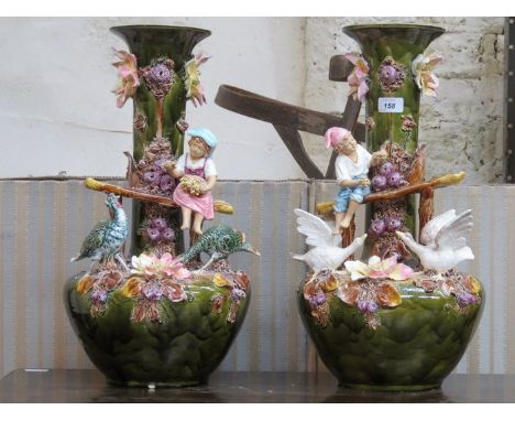 PAIR OF VICTORIAN CONTINENTAL STYLE CERAMIC VASES, RELIEF DECORATED WITH SEATED FIGURES, BIRDS, FLOWERS AND FOLIAGE, APPROXIM