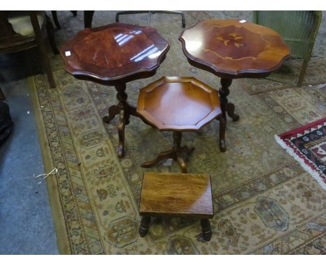 THREE REPRODUCTION TRIPOD OCCASIONAL TABLES AND SMALL STOOL 