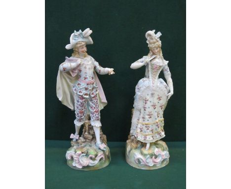 PAIR OF CONTINENTAL STYLE HANDPAINTED AND GILDED CERAMIC FIGURES (AT FAULT), 38cm HIGH 