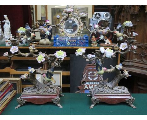 PAIR OF GILT METAL AND CERAMIC RELIEF DECORATED THREE SCONCE CANDELABRA, APPROXIMATELY 51cm HIGH 