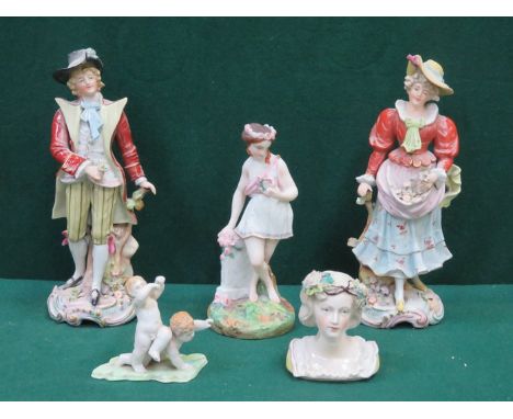 PAIR OF CONTINENTAL STYLE HANDPAINTED AND GILDED CERAMIC FIGURINES AND THREE SMALL FIGURES 